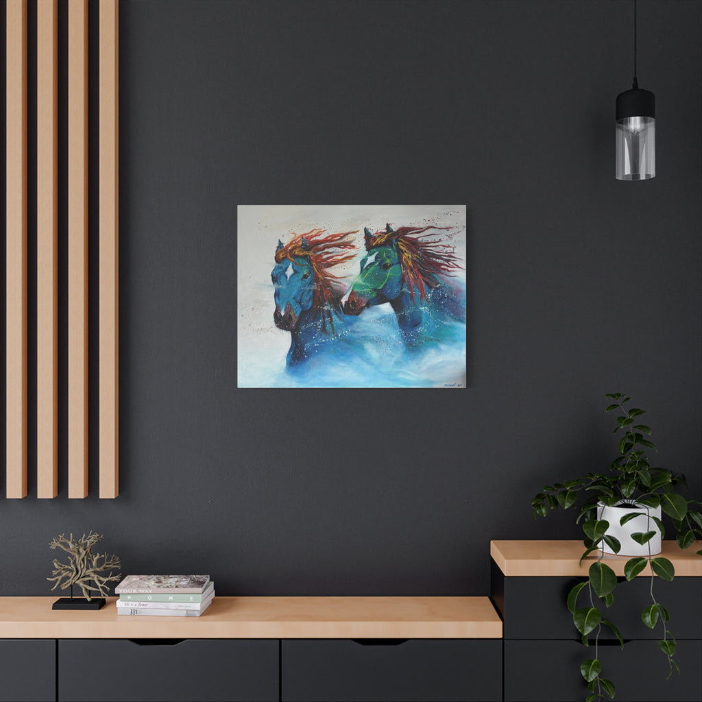 "Galloping Tides" Blue Wild Horses Matte Canvas Wall Art — Colorful Abstract Horse Painting