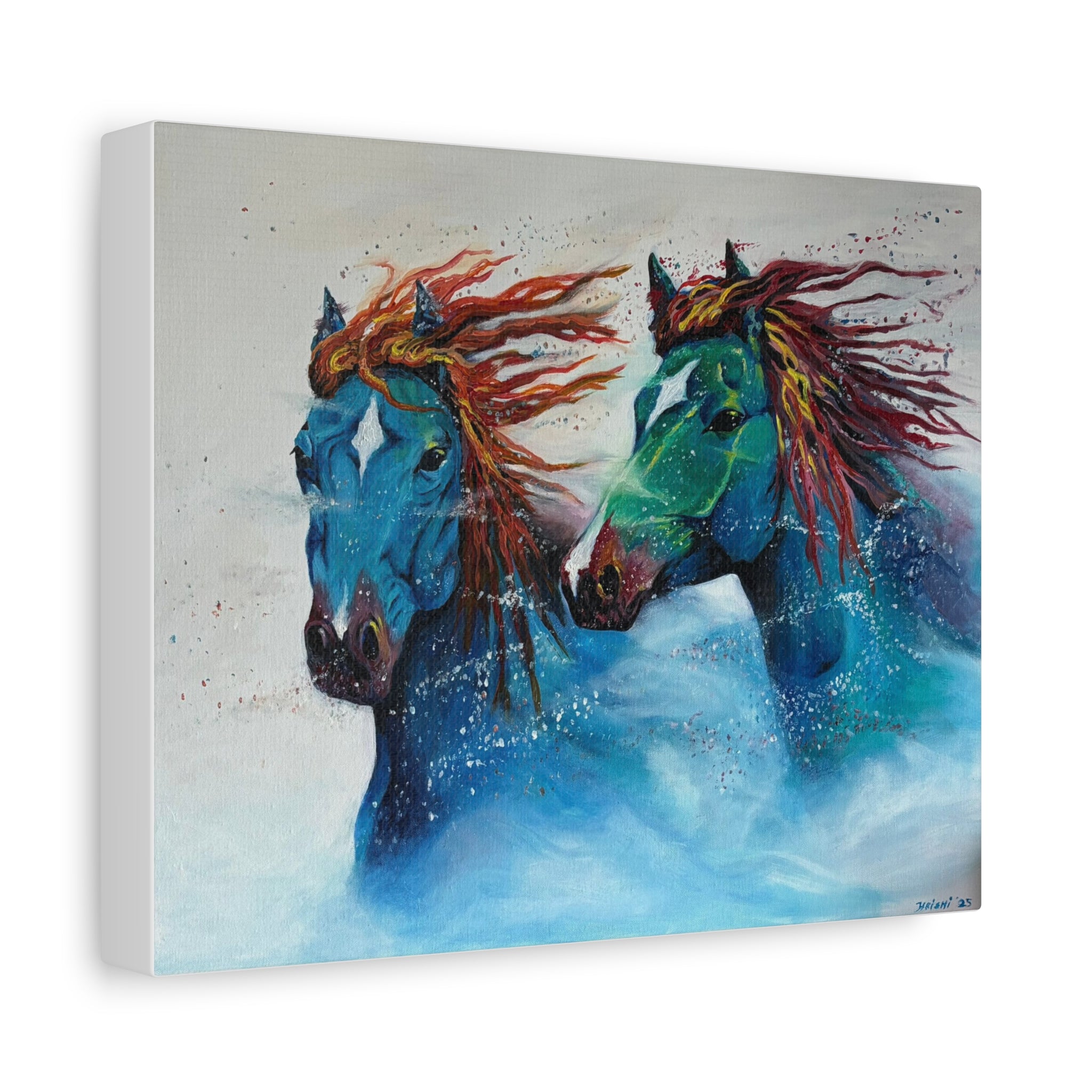 "Galloping Tides" Blue Wild Horses Matte Canvas Wall Art — Colorful Abstract Horse Painting