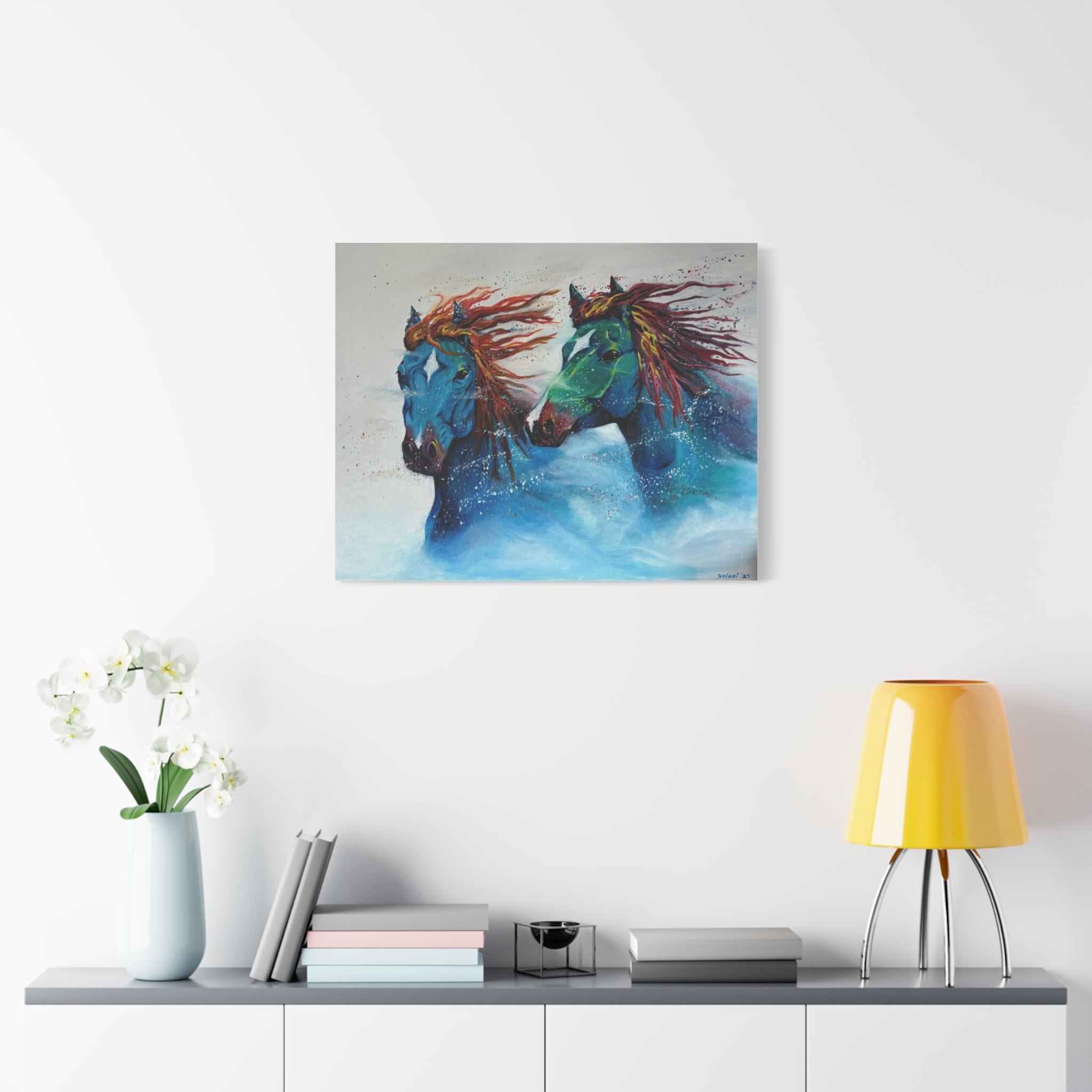 "Galloping Tides" Blue Wild Horses Matte Canvas Wall Art — Colorful Abstract Horse Painting
