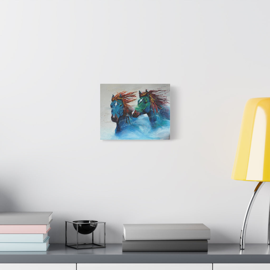"Galloping Tides" Blue Wild Horses Matte Canvas Wall Art — Colorful Abstract Horse Painting