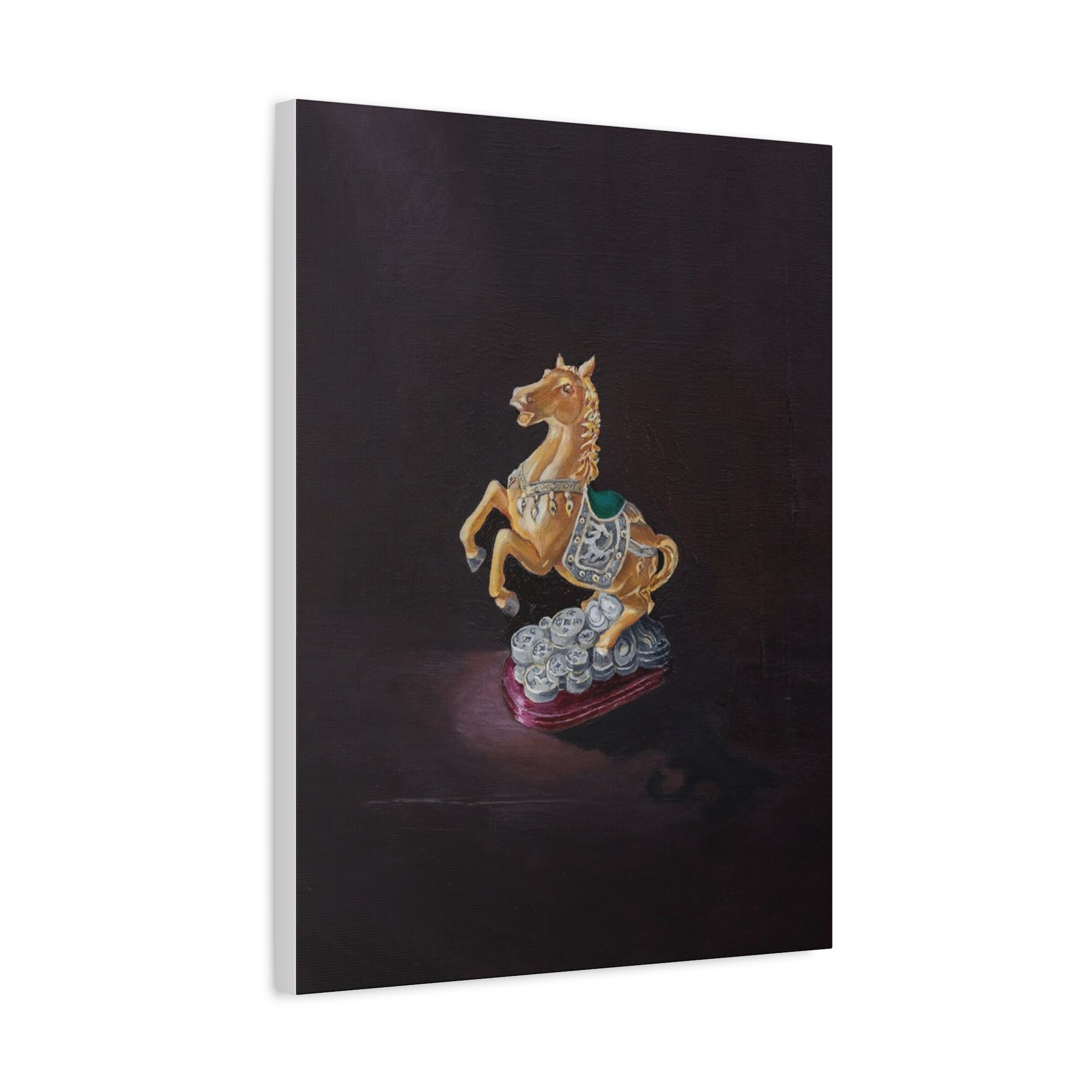 "Weight of Fortune" Golden Carousel Horse Canvas Print — Vintage Toy Still Life Matte Stretched Wall Art