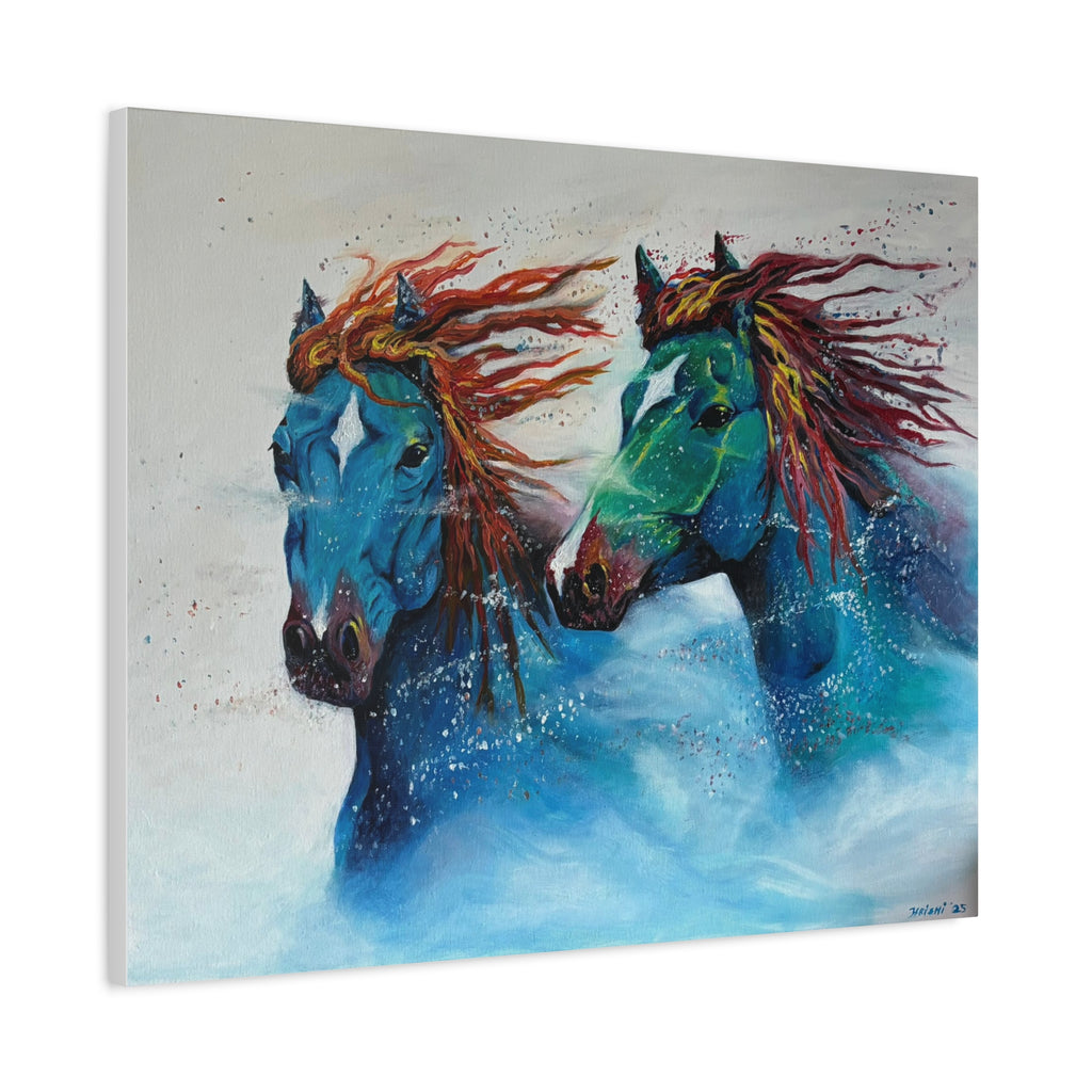 "Galloping Tides" Blue Wild Horses Matte Canvas Wall Art — Colorful Abstract Horse Painting