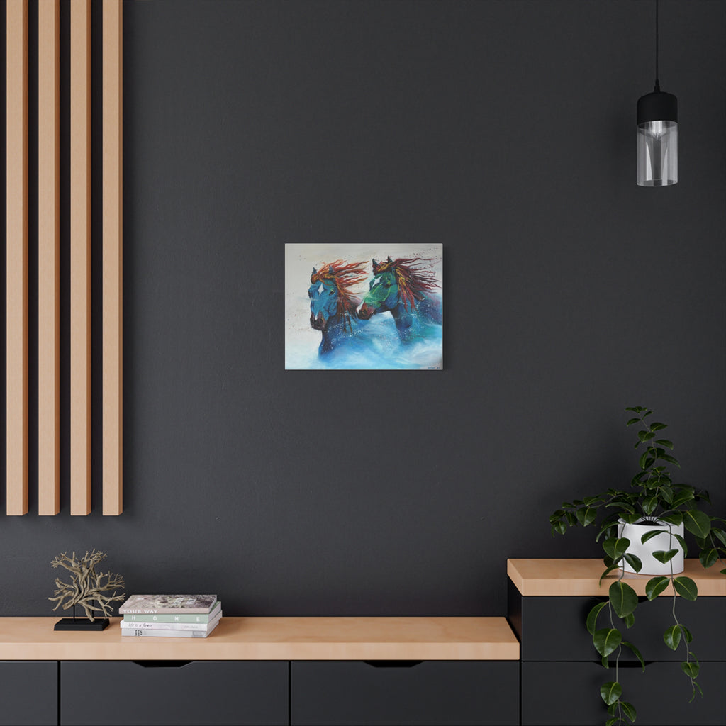"Galloping Tides" Blue Wild Horses Matte Canvas Wall Art — Colorful Abstract Horse Painting