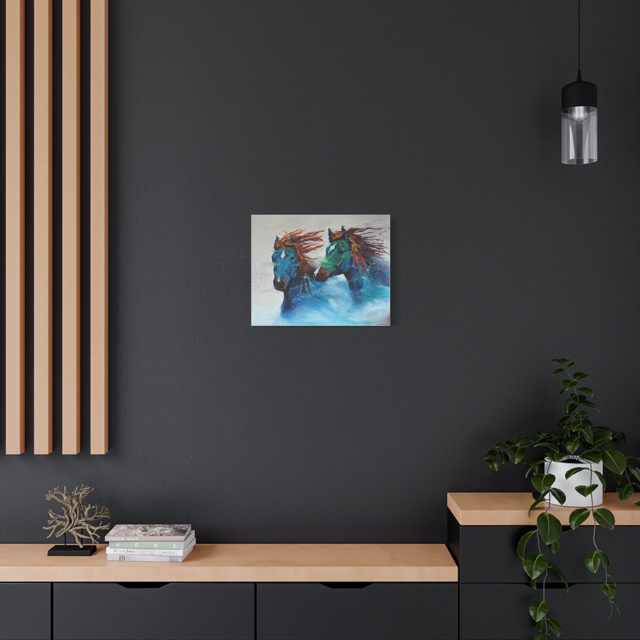"Galloping Tides" Blue Wild Horses Matte Canvas Wall Art — Colorful Abstract Horse Painting