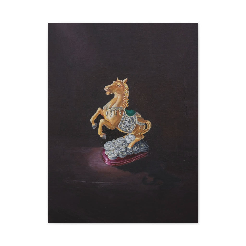 Golden Carousel Horse Canvas Print — Vintage Toy Still Life Matte Stretched Wall Art