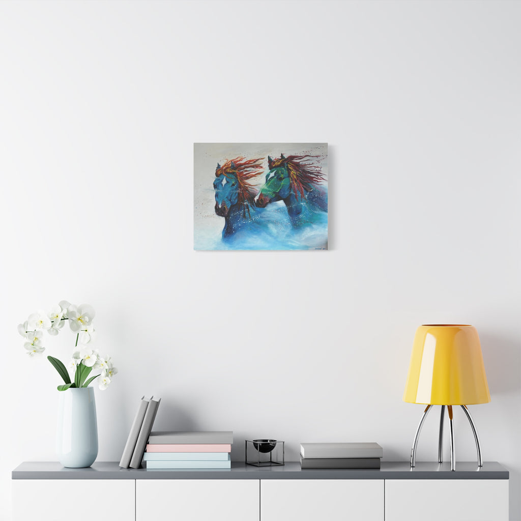 "Galloping Tides" Blue Wild Horses Matte Canvas Wall Art — Colorful Abstract Horse Painting