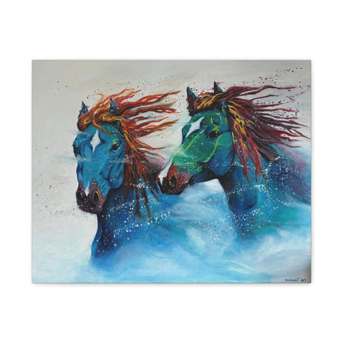 "Galloping Tides" Blue Wild Horses Matte Canvas Wall Art — Colorful Abstract Horse Painting