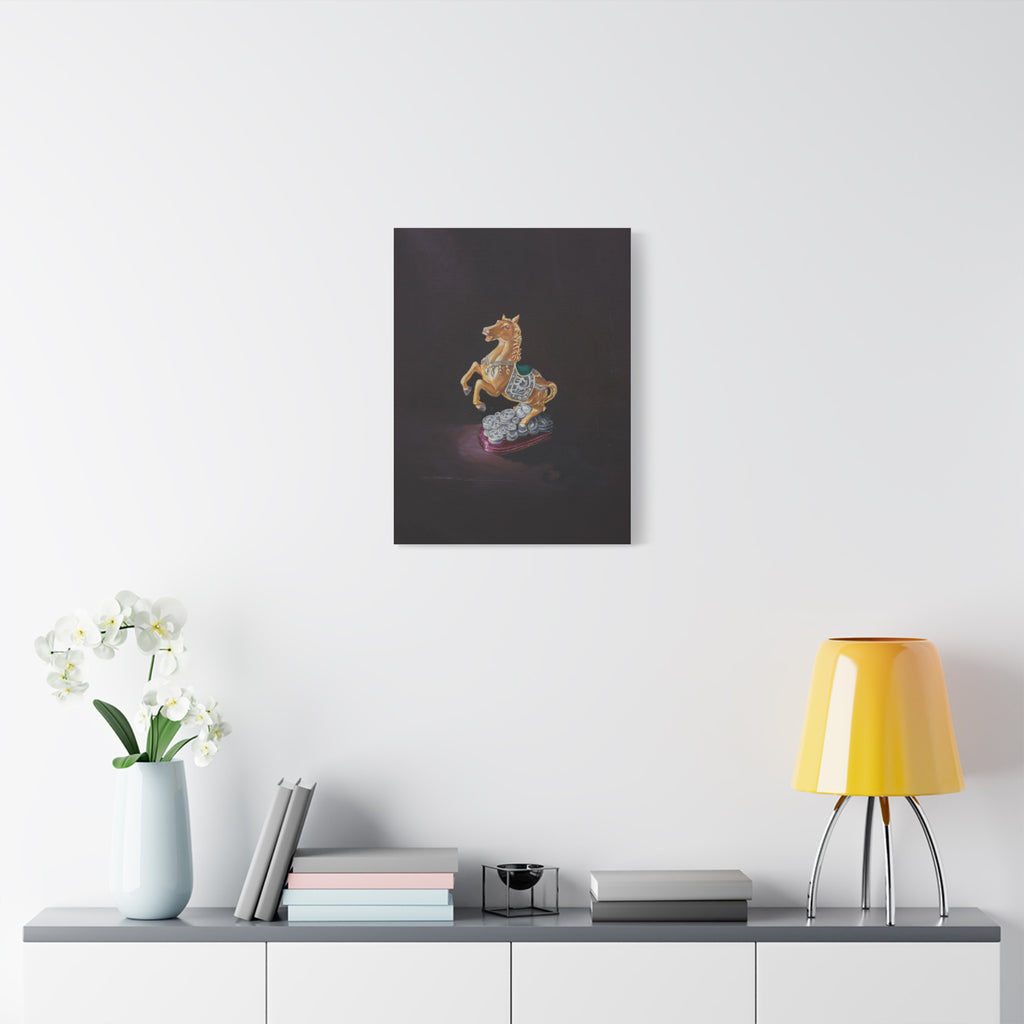 "Weight of Fortune" Golden Carousel Horse Canvas Print — Vintage Toy Still Life Matte Stretched Wall Art