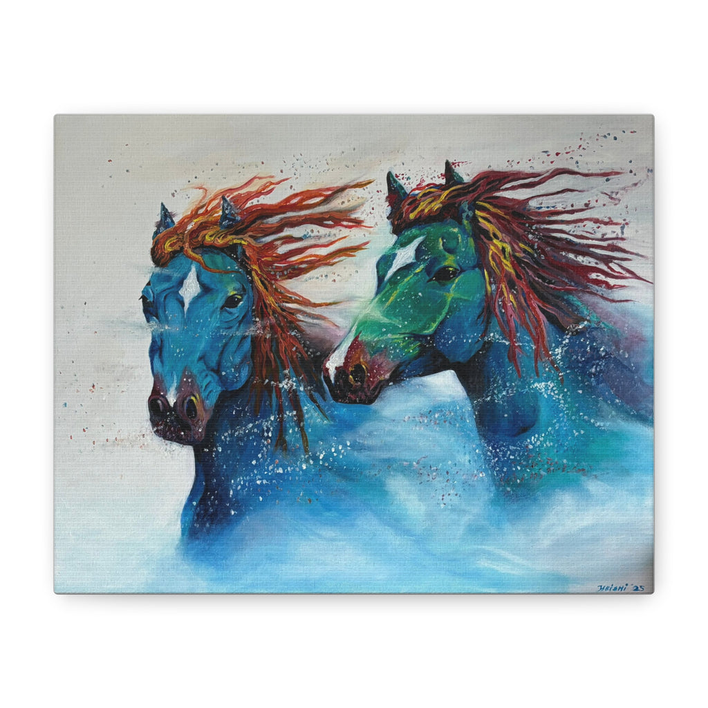 "Galloping Tides" Blue Wild Horses Matte Canvas Wall Art — Colorful Abstract Horse Painting