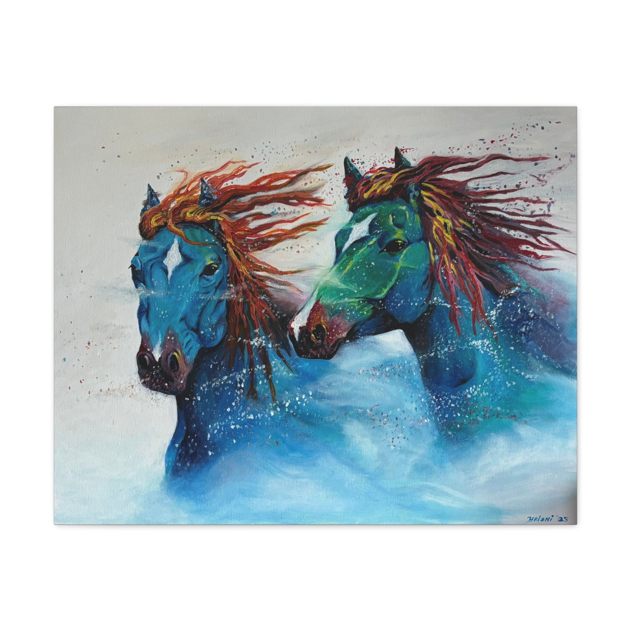 "Galloping Tides" Blue Wild Horses Matte Canvas Wall Art — Colorful Abstract Horse Painting