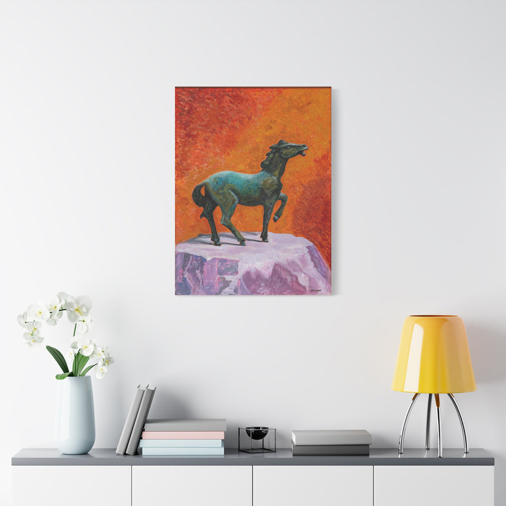 "One the Verge" Bronze Horse Statue Canvas Print — Vibrant Equestrian Wall Art