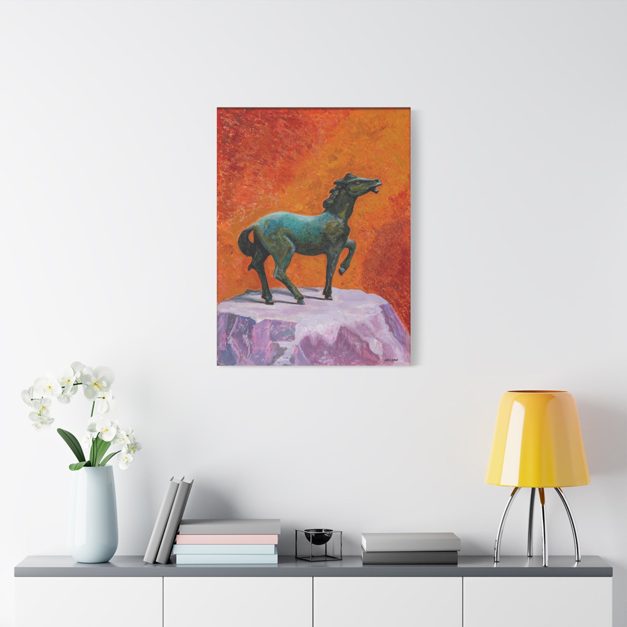 "One the Verge" Bronze Horse Statue Canvas Print — Vibrant Equestrian Wall Art