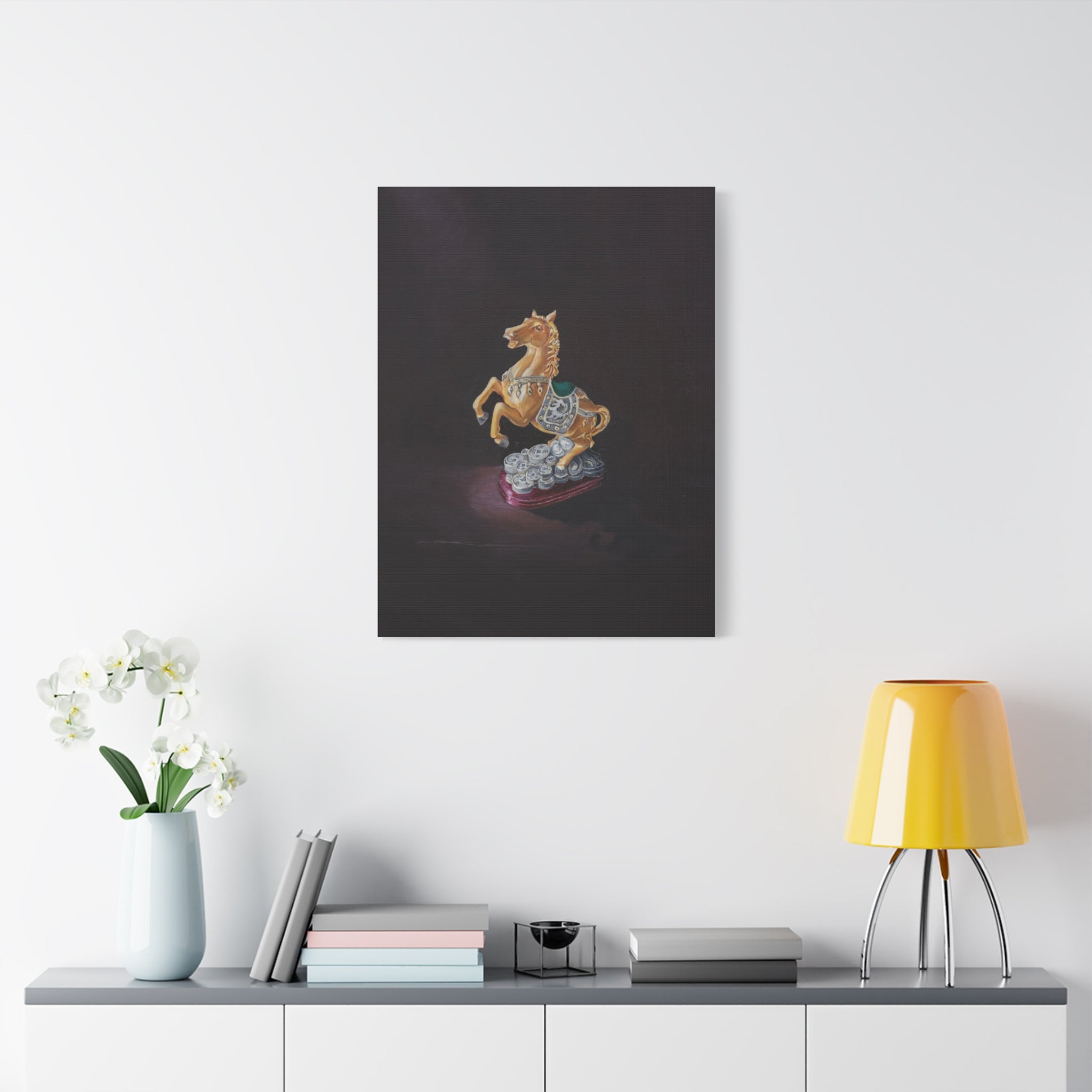 "Weight of Fortune" Golden Carousel Horse Canvas Print — Vintage Toy Still Life Matte Stretched Wall Art