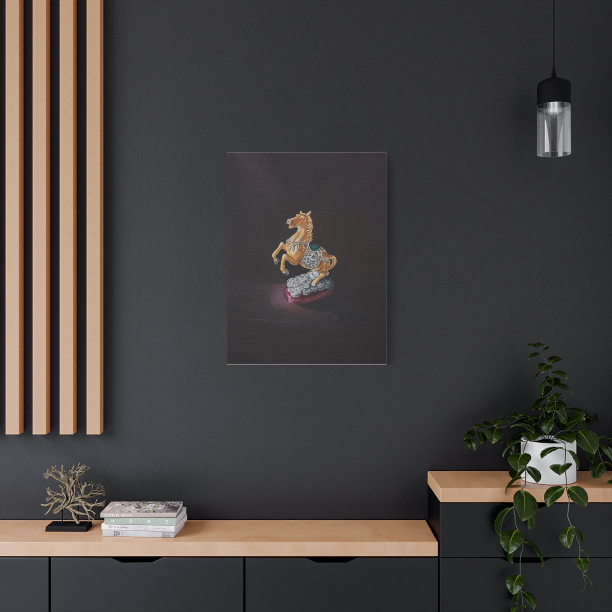 "Weight of Fortune" Golden Carousel Horse Canvas Print — Vintage Toy Still Life Matte Stretched Wall Art